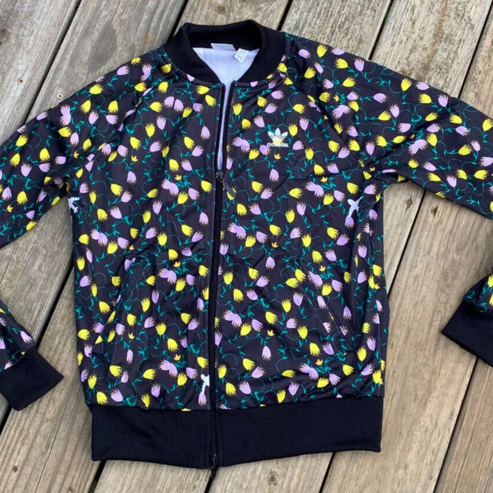 Adidas All Over Print Trefoil Track Black Yellow Pink Floral Jacket Size Small